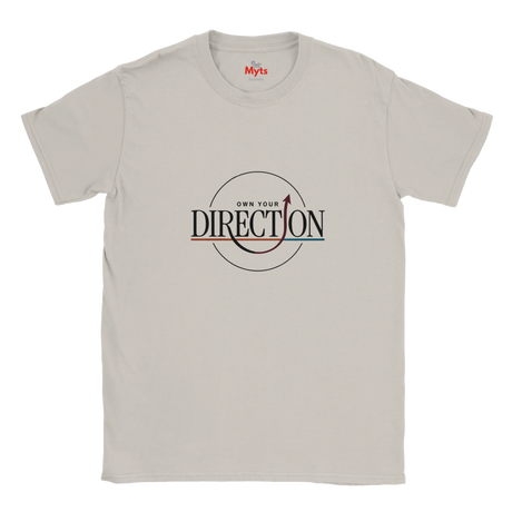 An ice grey crewneck T-shirt featuring a graphic print on the chest that reads 'OWN YOUR DIRECTION' with a circular arrow design. The brand name 'Myts' is visible on the inner neck label.