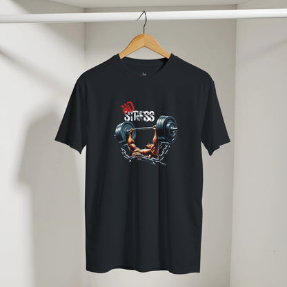 Black t-shirt with a graphic design of a barbell and text on a hanger against a white wall.