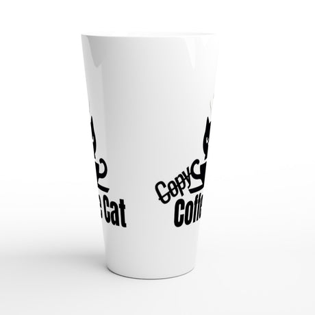 A white tapered ceramic pint glass with black printed graphics reading 'Copy Cat Coffee' and a cat silhouette, shown on a clean white background.