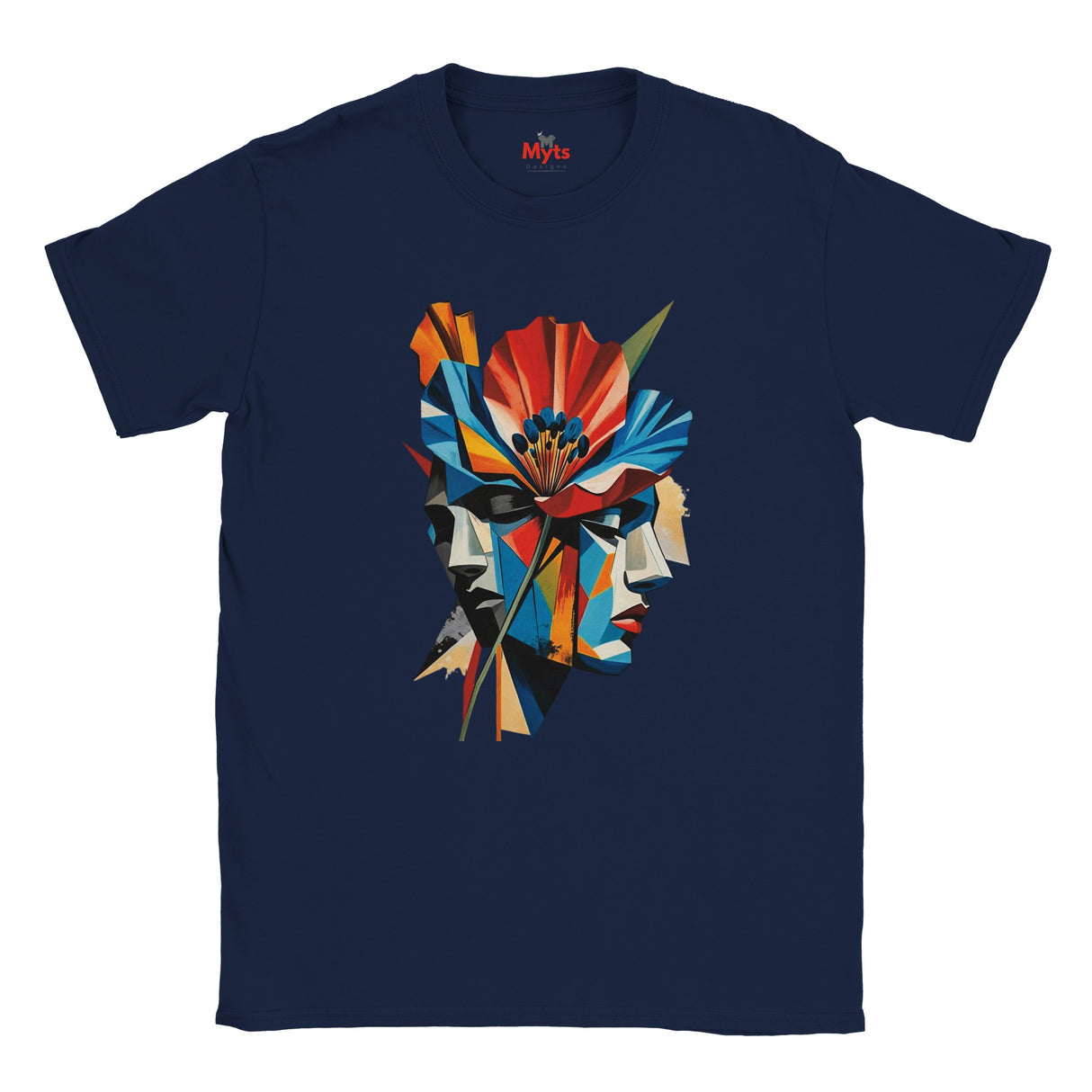 A navy abstract two face poppy T-shirt featuring colourful geometric portrait artwork in red, blue, yellow, black and cream.