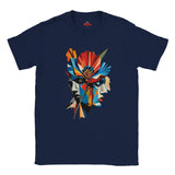 A navy abstract two face poppy T-shirt featuring colourful geometric portrait artwork in red, blue, yellow, black and cream.