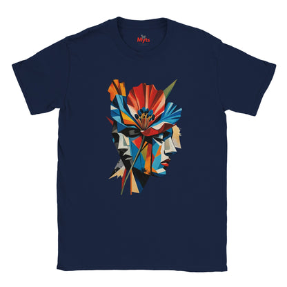 A navy abstract two face poppy T-shirt featuring colourful geometric portrait artwork in red, blue, yellow, black and cream.
