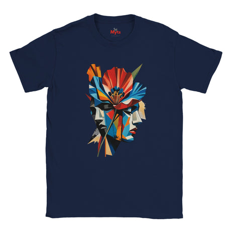 A navy abstract two face poppy T-shirt featuring colourful geometric portrait artwork in red, blue, yellow, black and cream.