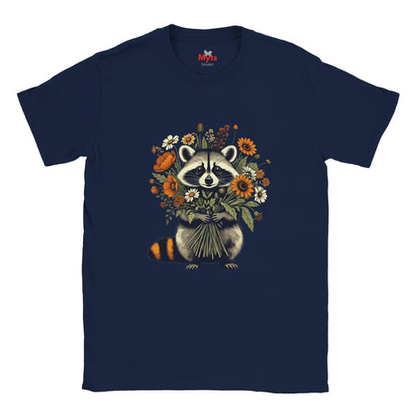 A navy blue short-sleeve t-shirt with a central graphic of a raccoon holding a bouquet of orange sunflowers, daisies, and pumpkins, displayed on a clean white background.