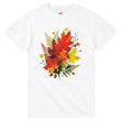 White t-shirt with autumn leaf design on a white background