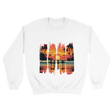 A white unisex sweatshirt featuring a vibrant tropical sunset design with silhouettes of surfers walking along a beach. The graphic includes palm trees, an orange and pink sky, and artistic brushstroke edges, creating a modern coastal vibe. Ideal for beach lovers, surfers, and casual fashion fans.

