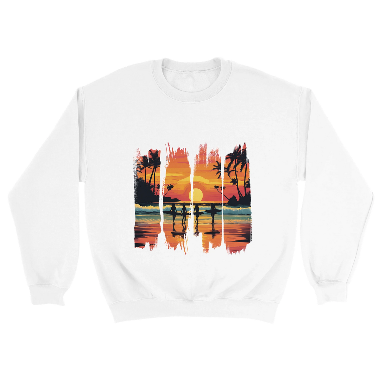 A white unisex sweatshirt featuring a vibrant tropical sunset design with silhouettes of surfers walking along a beach. The graphic includes palm trees, an orange and pink sky, and artistic brushstroke edges, creating a modern coastal vibe. Ideal for beach lovers, surfers, and casual fashion fans.

