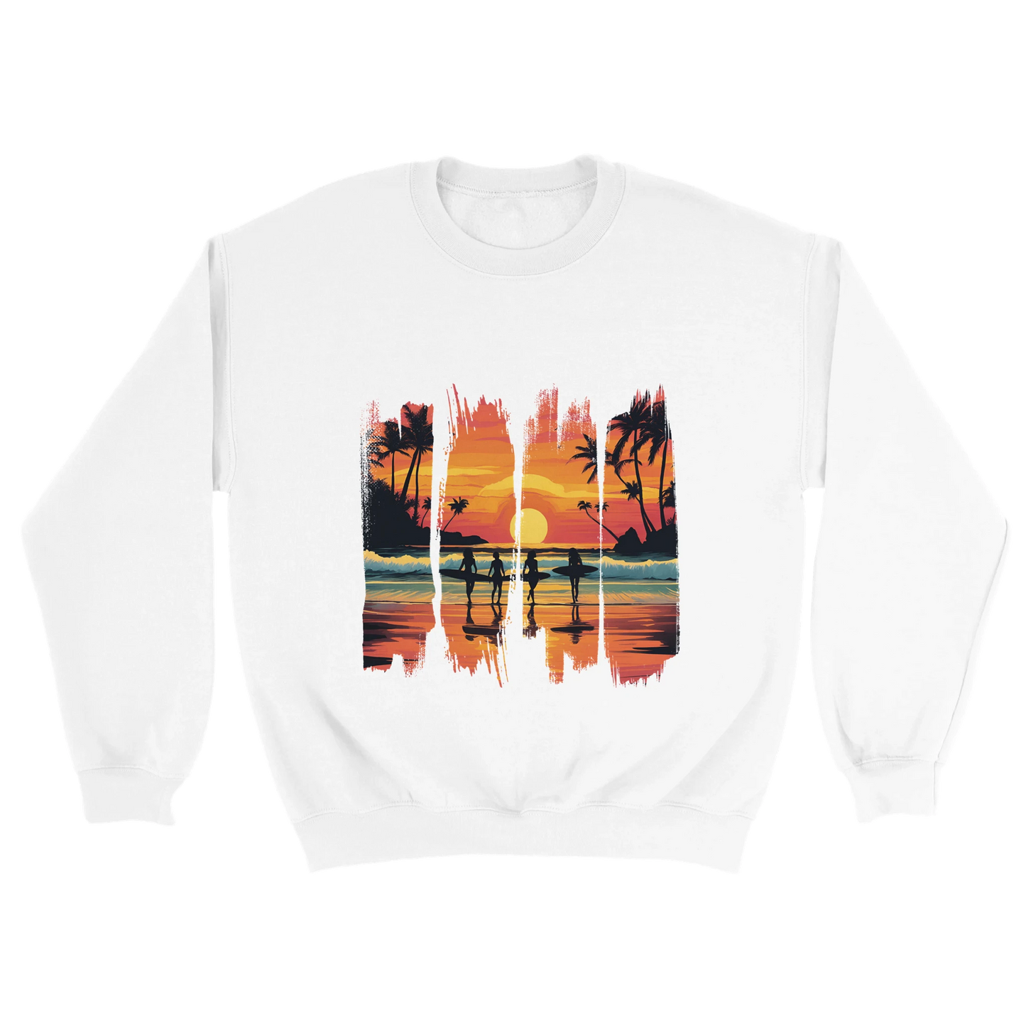 A white unisex sweatshirt featuring a vibrant tropical sunset design with silhouettes of surfers walking along a beach. The graphic includes palm trees, an orange and pink sky, and artistic brushstroke edges, creating a modern coastal vibe. Ideal for beach lovers, surfers, and casual fashion fans.

