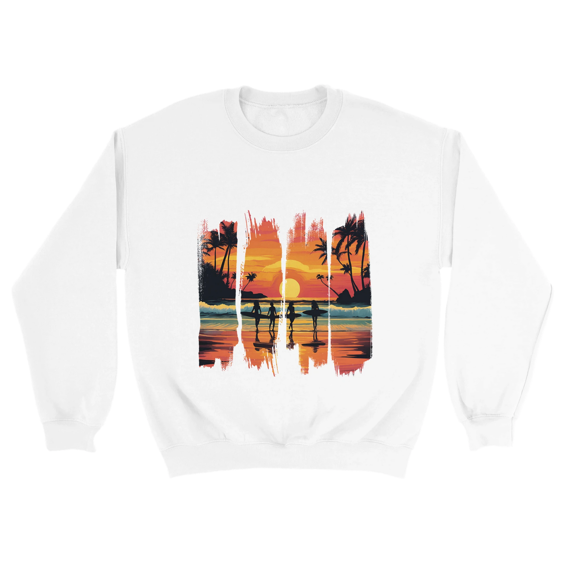 A white unisex sweatshirt featuring a vibrant tropical sunset design with silhouettes of surfers walking along a beach. The graphic includes palm trees, an orange and pink sky, and artistic brushstroke edges, creating a modern coastal vibe. Ideal for beach lovers, surfers, and casual fashion fans.


