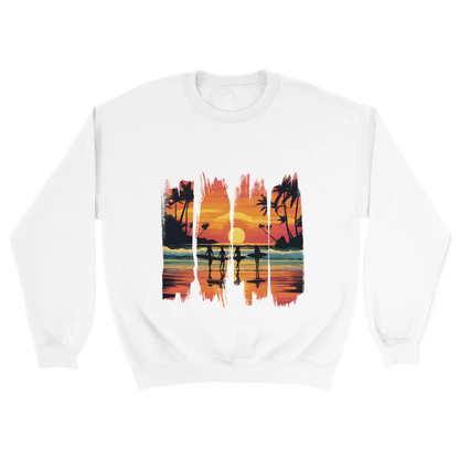 A white unisex sweatshirt featuring a vibrant tropical sunset design with silhouettes of surfers walking along a beach. The graphic includes palm trees, an orange and pink sky, and artistic brushstroke edges, creating a modern coastal vibe. Ideal for beach lovers, surfers, and casual fashion fans.


