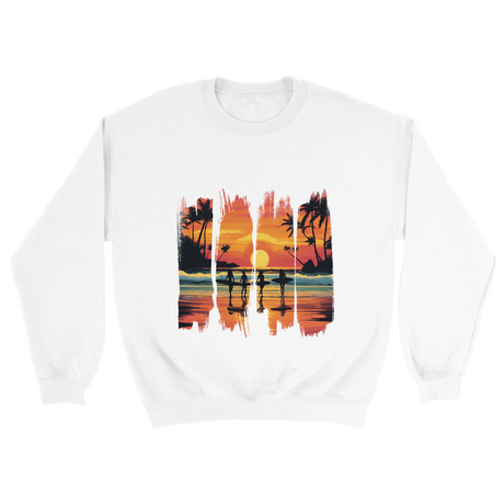 A white unisex sweatshirt featuring a vibrant tropical sunset design with silhouettes of surfers walking along a beach. The graphic includes palm trees, an orange and pink sky, and artistic brushstroke edges, creating a modern coastal vibe. Ideal for beach lovers, surfers, and casual fashion fans.

