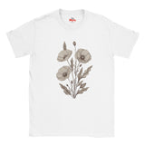 A white short-sleeve crewneck t-shirt featuring a central graphic of three muted beige poppy flowers and leaves. The brand name 'Myts' is printed in red on the inside neck label.