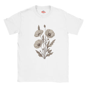 A white short-sleeve crewneck t-shirt featuring a central graphic of three muted beige poppy flowers and leaves. The brand name 'Myts' is printed in red on the inside neck label.