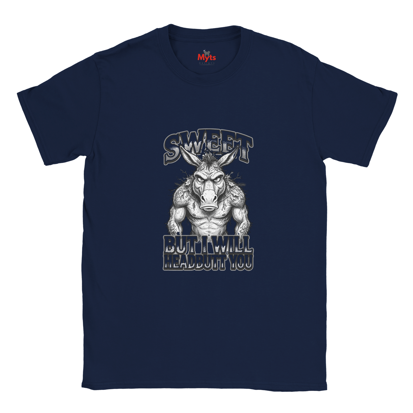 Navy unisex t-shirt featuring a muscular donkey graphic with “Sweet But I Will Headbutt You” slogan by MytsDesigns.