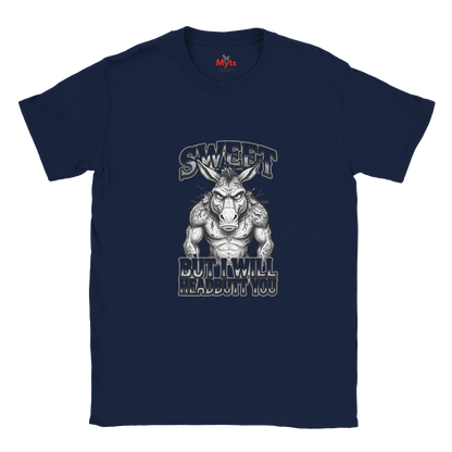 Navy unisex t-shirt featuring a muscular donkey graphic with “Sweet But I Will Headbutt You” slogan by MytsDesigns.