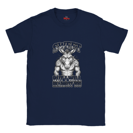 Navy unisex t-shirt featuring a muscular donkey graphic with “Sweet But I Will Headbutt You” slogan by MytsDesigns.