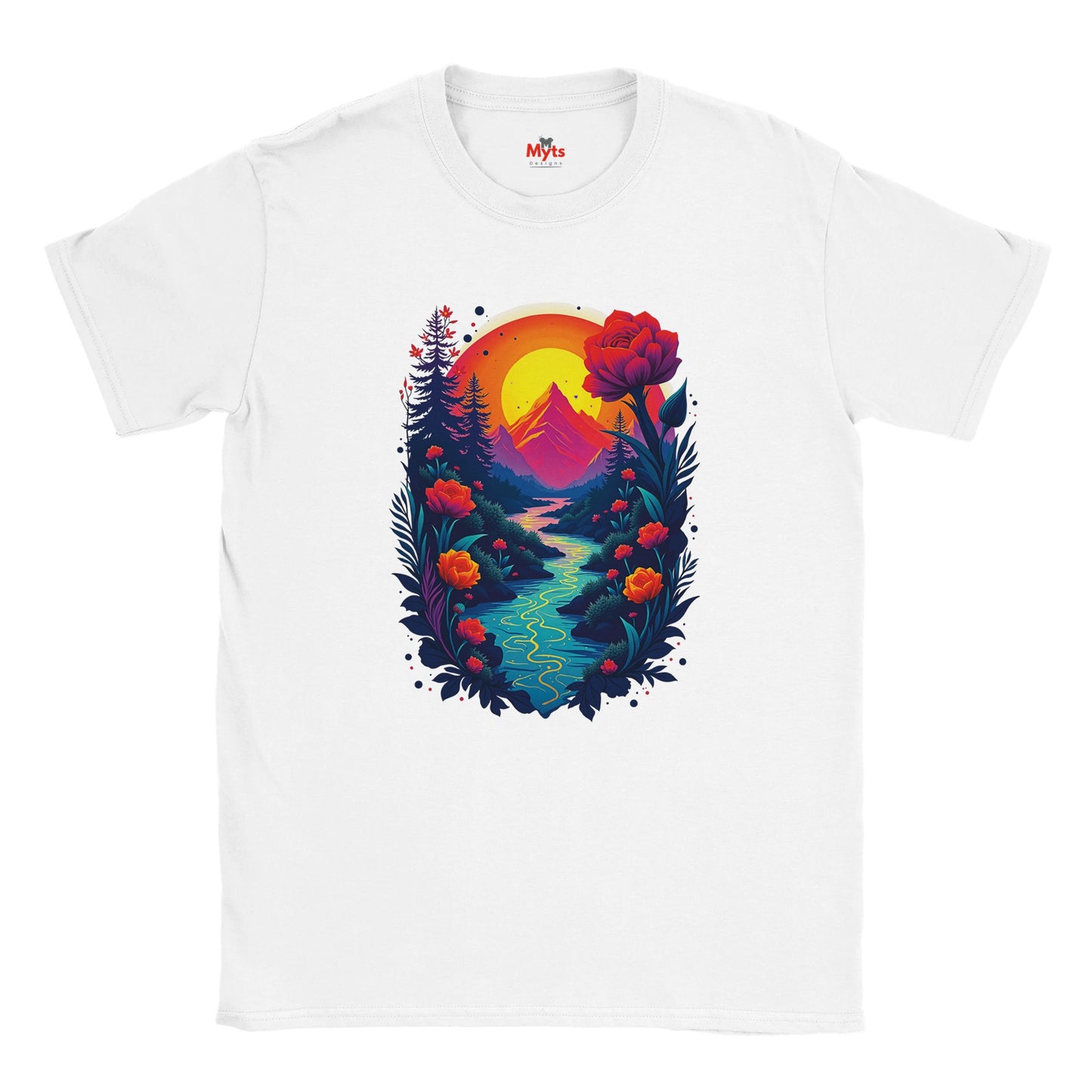 White t-shirt with a colorful nature graphic design featuring mountains, flowers, and a sunset.