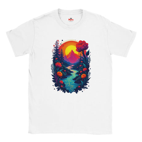 White t-shirt with a colorful nature graphic design featuring mountains, flowers, and a sunset.