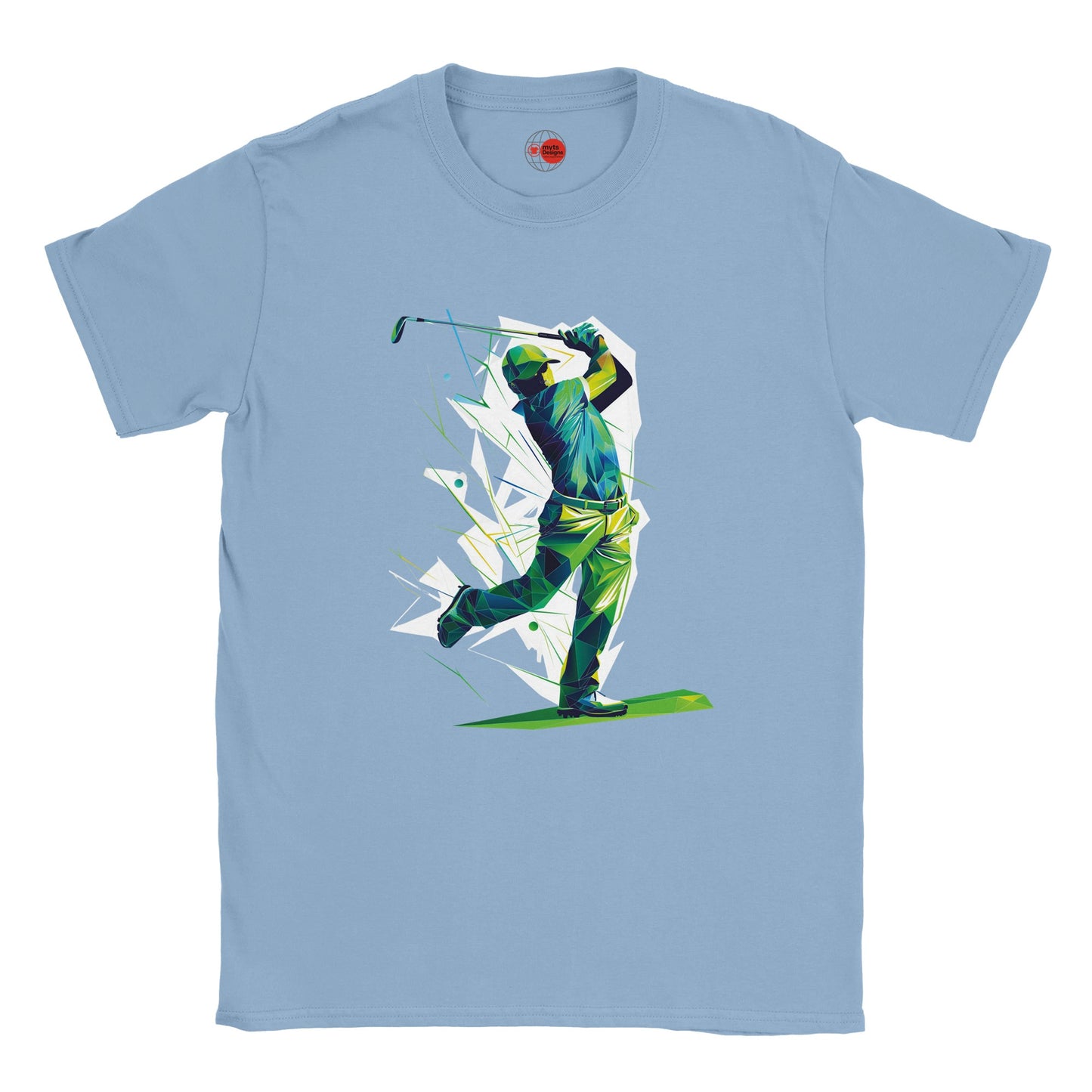 Light blue t-shirt with a graphic of a golfer in action on a white background