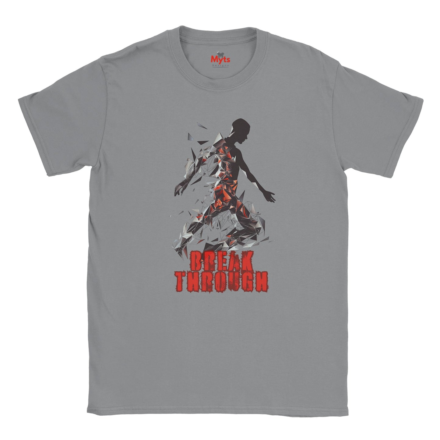 Gray t-shirt with a graphic design of a running person and 'Break Through' text on a white background