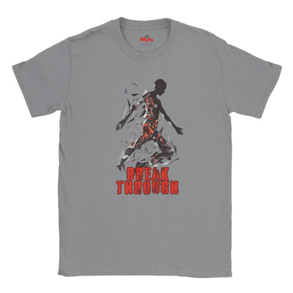 Gray t-shirt with a graphic design of a running person and 'Break Through' text on a white background