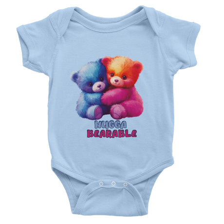 A Light Blue short sleeve bodysuit for babies with a colorful bear design and the text 'HUGGA BEARABLE' printed on the front.