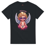 Black t-shirt with a graphic of a baby angel wearing sunglasses on a white background