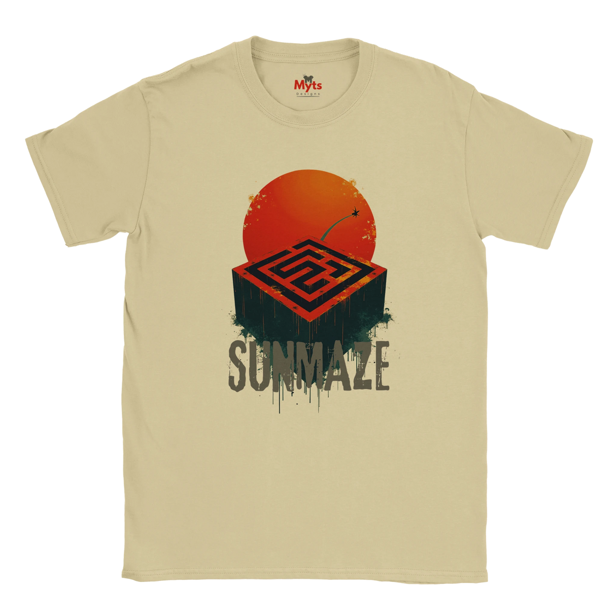 Sand t-shirt with a graphic design of a sun and maze, labeled 'Sunmaze', on a white background.