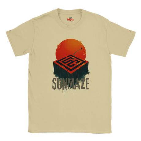 Sand t-shirt with a graphic design of a sun and maze, labeled 'Sunmaze', on a white background.