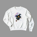 White sweatshirt with a graphic design of a witch on a broomstick and rainbow-colored hat on a light gray background.