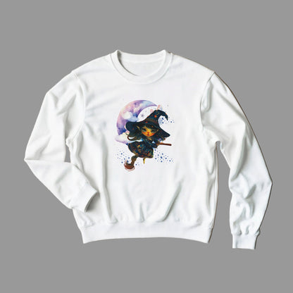 White sweatshirt with a graphic design of a witch on a broomstick and rainbow-colored hat on a light gray background.