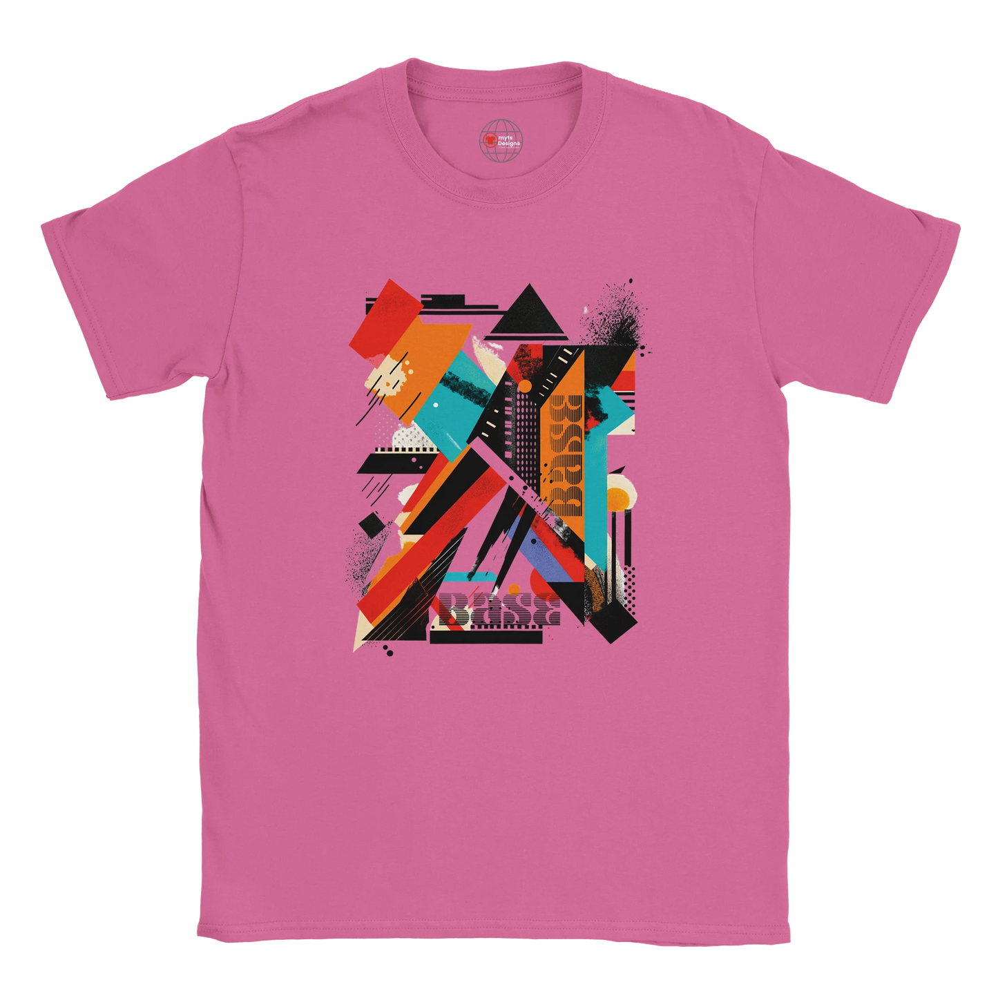 An azalea unisex crewneck t-shirt with a vibrant abstract geometric art graphic in the center.