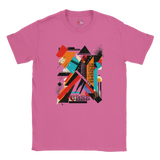 An azalea unisex crewneck t-shirt with a vibrant abstract geometric art graphic in the center.