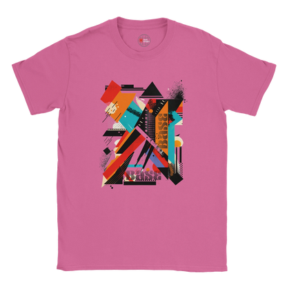 An azalea unisex crewneck t-shirt with a vibrant abstract geometric art graphic in the center.