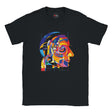 Black t-shirt with a colorful abstract design of a face on a white background