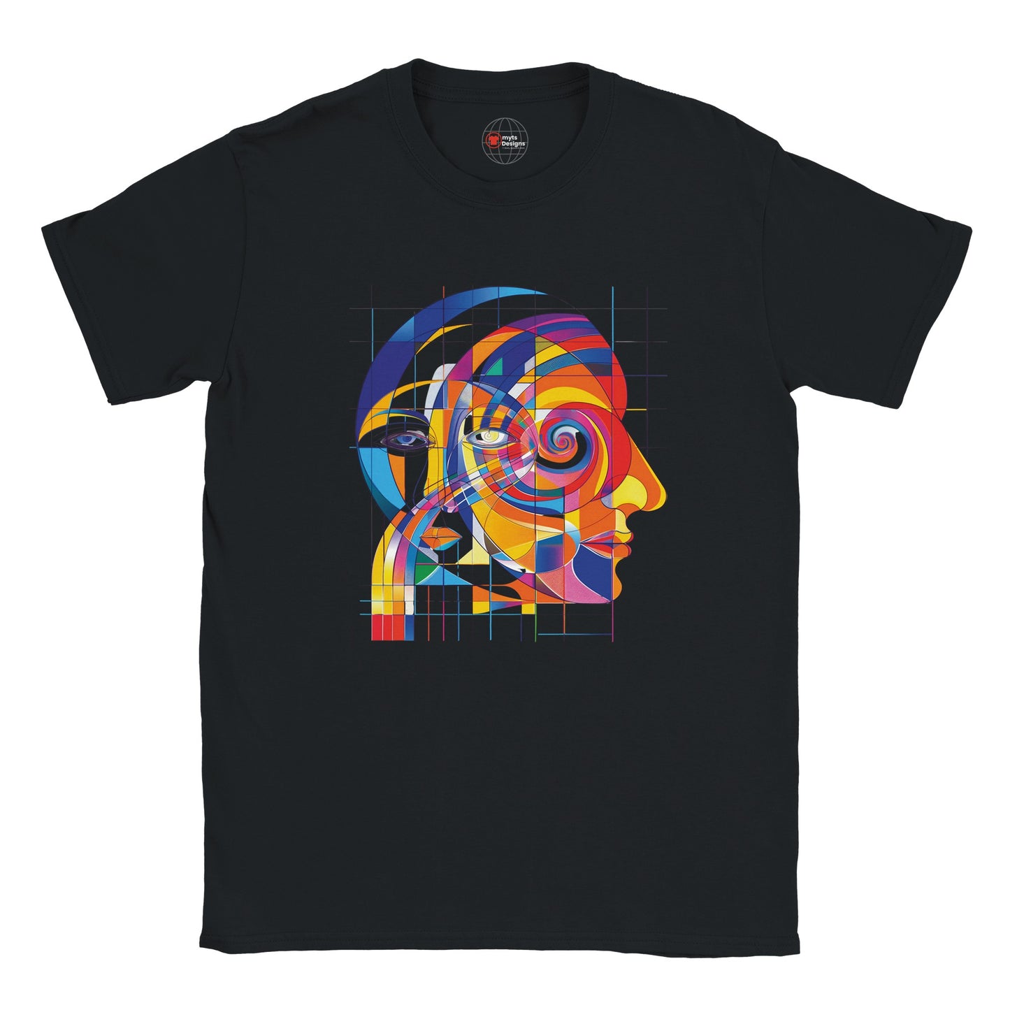 Black t-shirt with a colorful abstract design of a face on a white background
