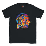 Black t-shirt with a colorful abstract design of a face on a white background
