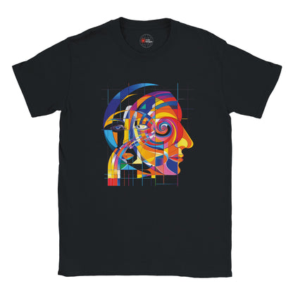 Black t-shirt with a colorful abstract design of a face on a white background