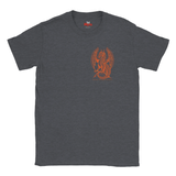 A dark heather gray crewneck t-shirt featuring a small orange graphic of a winged dragon or griffin on the center chest, displayed against a solid white background.