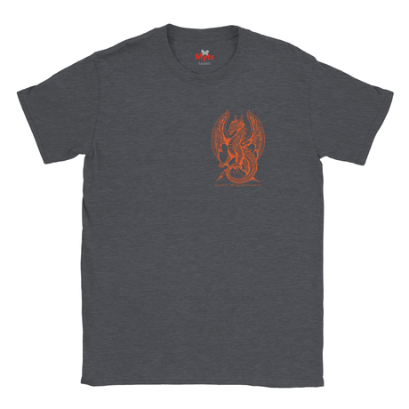 A dark heather gray crewneck t-shirt featuring a small orange graphic of a winged dragon or griffin on the center chest, displayed against a solid white background.