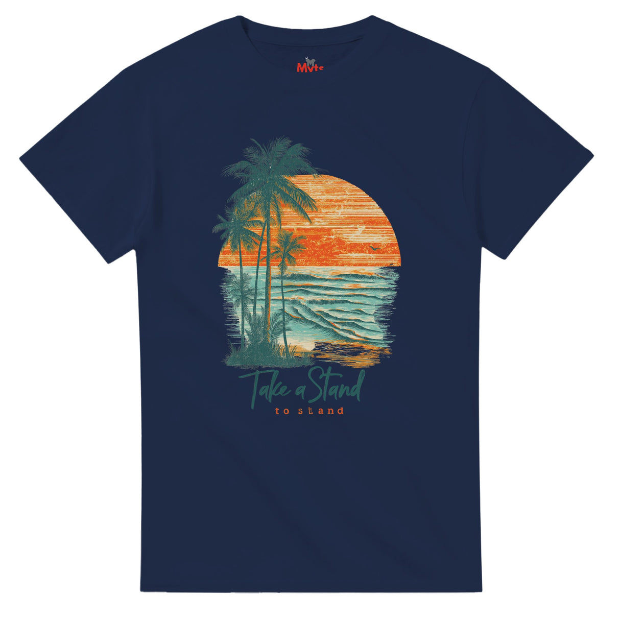 Navy blue t-shirt with a tropical design featuring palm trees and a sunset, on a white background.