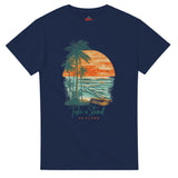 Navy blue t-shirt with a tropical design featuring palm trees and a sunset, on a white background.