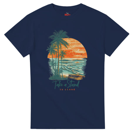 Navy blue t-shirt with a tropical design featuring palm trees and a sunset, on a white background.