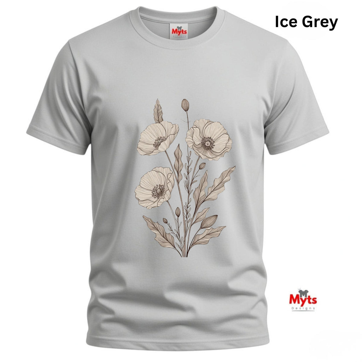 An Ice Grey minimalist poppy flower T-shirt featuring delicate neutral botanical floral line art by MytsDesigns.