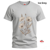 An Ice Grey minimalist poppy flower T-shirt featuring delicate neutral botanical floral line art by MytsDesigns.