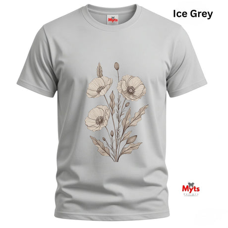 An Ice Grey minimalist poppy flower T-shirt featuring delicate neutral botanical floral line art by MytsDesigns.