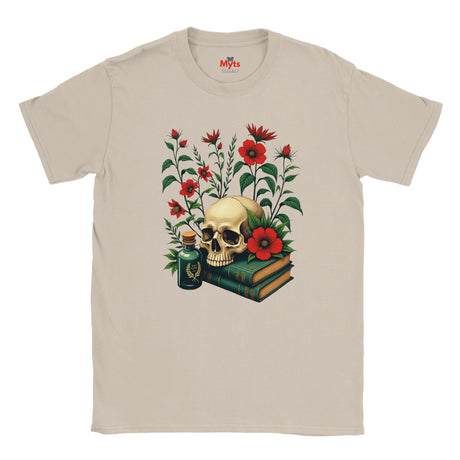 Natural t-shirt with a skull and floral design on a white background