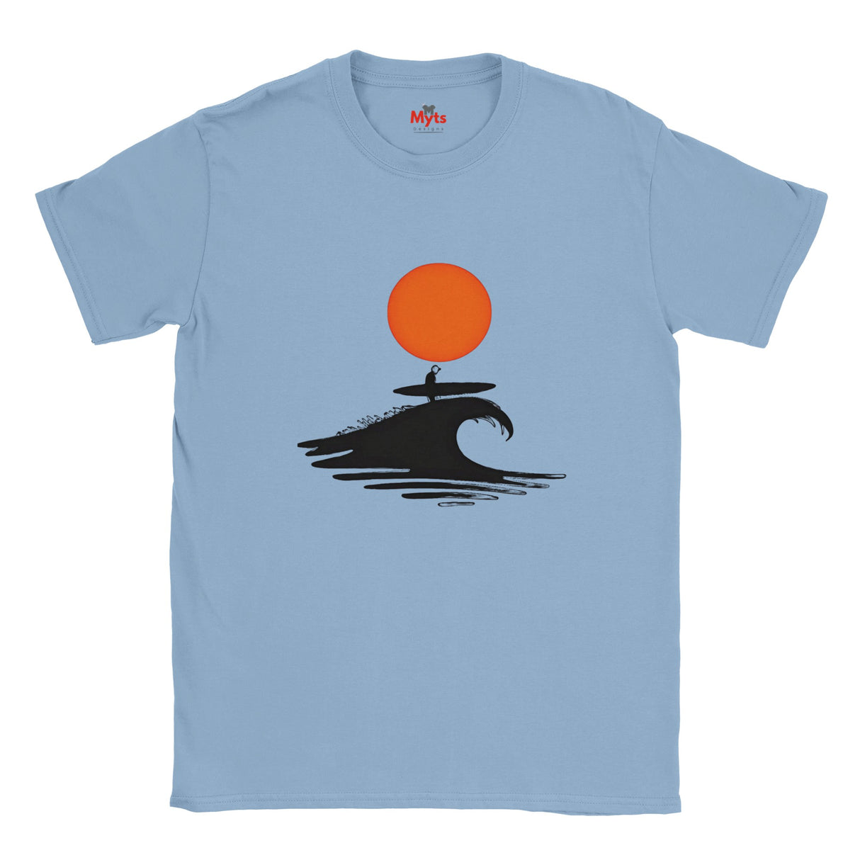 Light blue t-shirt with a graphic design of a person on a surfboard under an orange sun, on a white background.