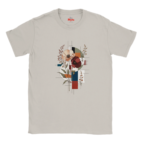 A light beige crewneck t-shirt with a central graphic print featuring stylized flowers and geometric blocks in red, blue, orange, and green. The brand name 'Myts' is printed inside the collar.