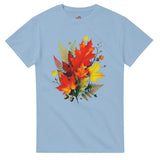 Light blue t-shirt with autumn leaf design on a white background